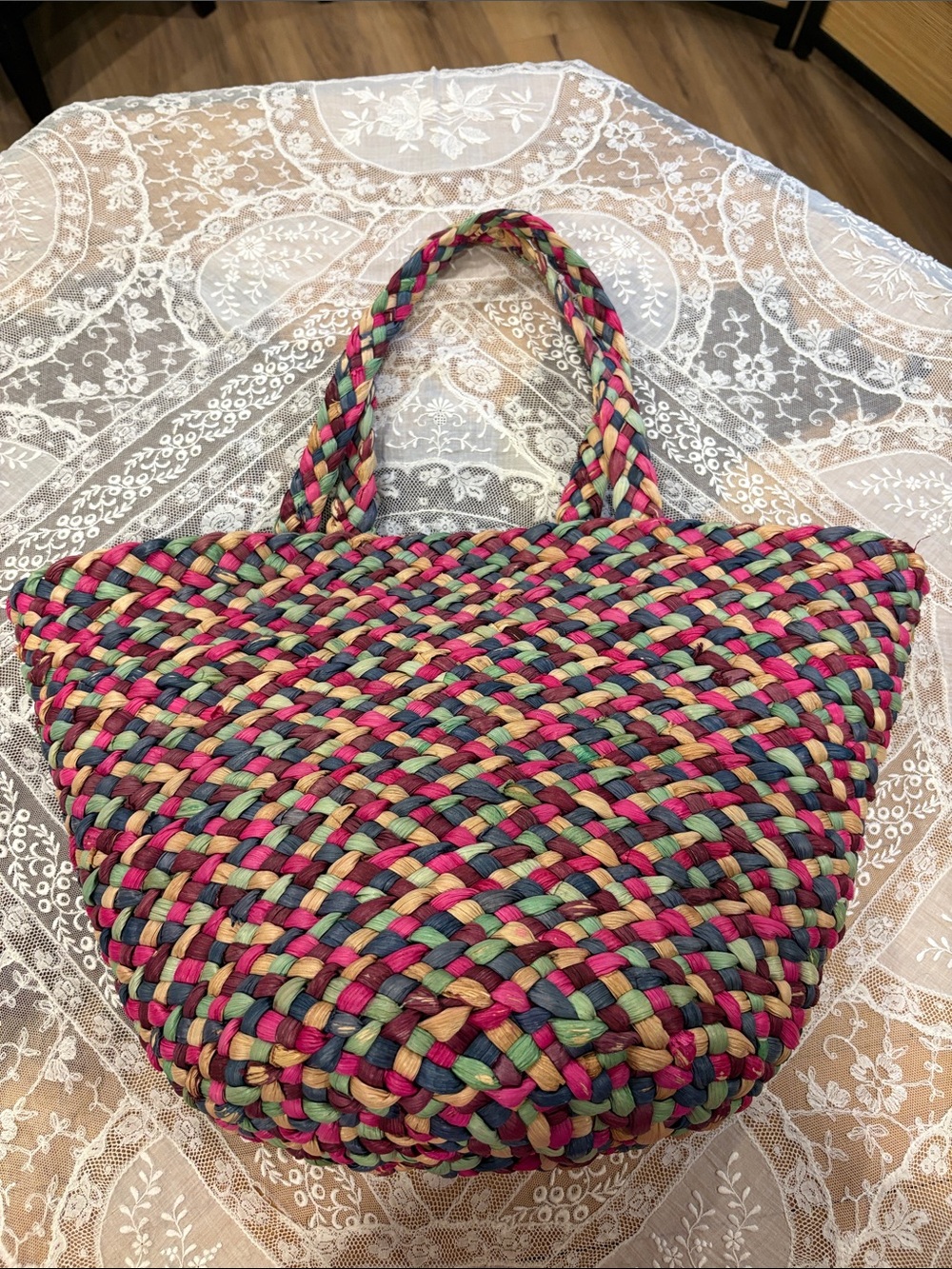 Old Navy Multicolor Braided Straw Tote - Pink, Green, Tan, Purple
